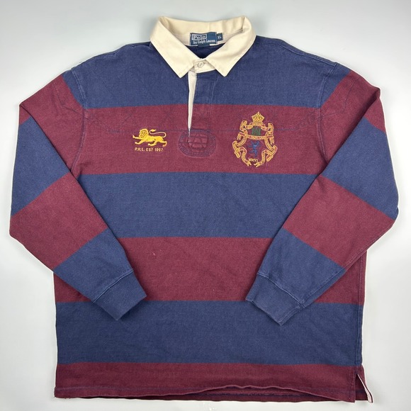 Polo Ralph Lauren Other - Polo Ralph Lauren Mens XL Rugby Shirt Blue Burgundy Striped Crest Lion Crested
